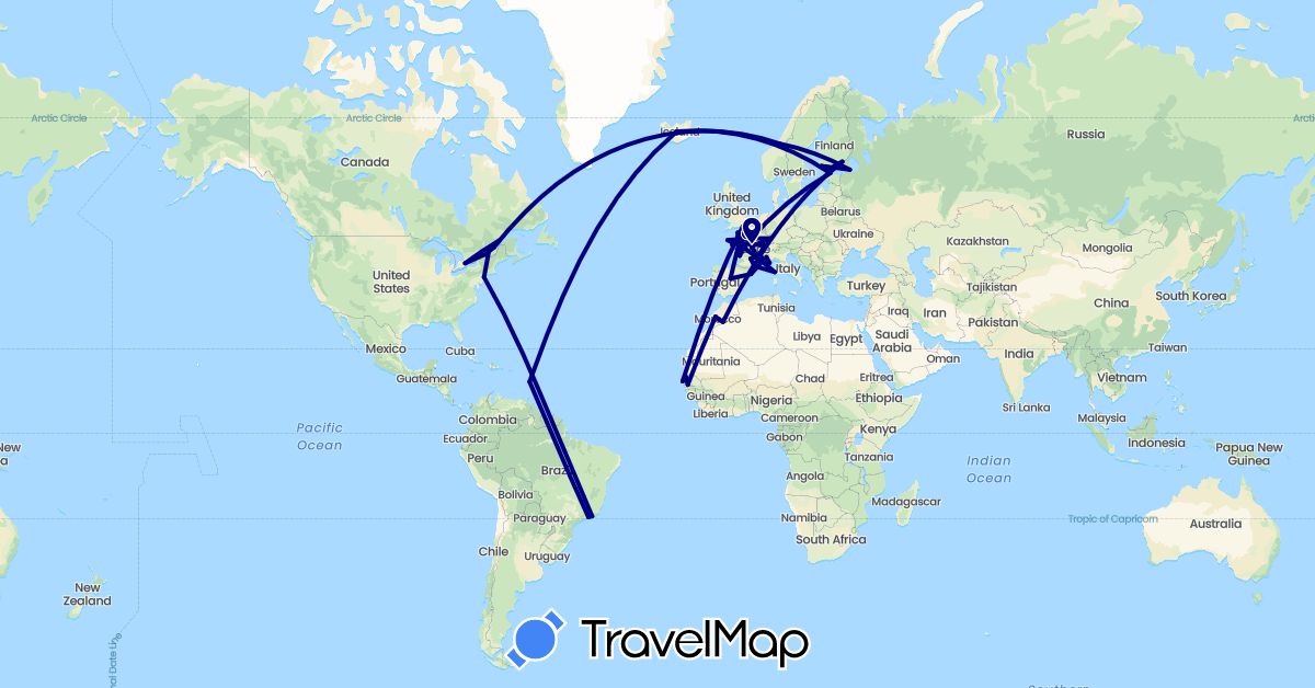 TravelMap itinerary: driving in Brazil, Canada, Estonia, Spain, Finland, France, United Kingdom, Iceland, Morocco, Monaco, Martinique, Norway, Russia, Senegal, United States (Africa, Europe, North America, South America)