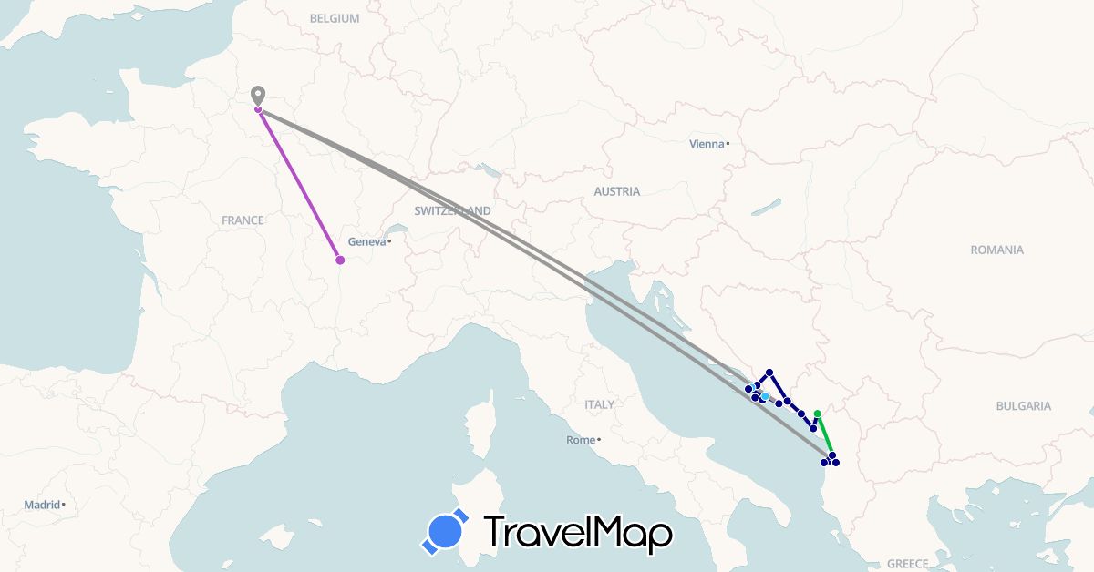 TravelMap itinerary: driving, bus, plane, train, boat in Albania, Bosnia and Herzegovina, France, Croatia, Montenegro (Europe)